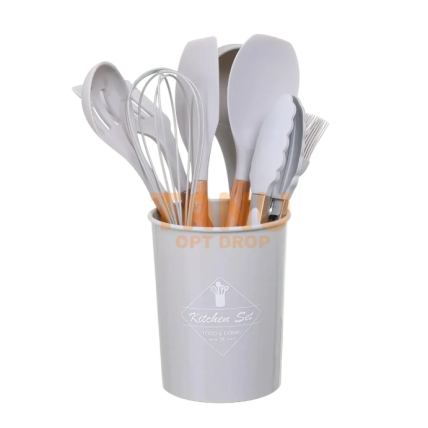 Набір кухонного приладдя із силікону та дерева з підставкою Kitchen Set 12 предметів Сірий 