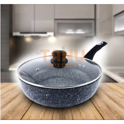 Алюмінієва пательня BENSON з антипригарним покриттям, бакелітовою ручкою Soft touch та скляною кришкою BN-516 26х6 см